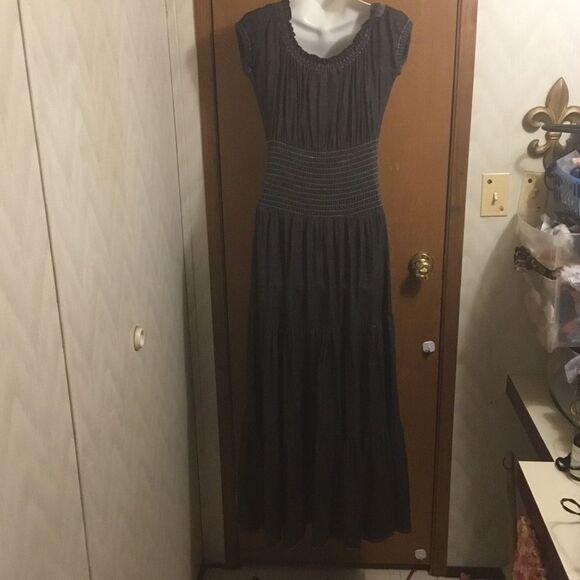 Tiered Ruffle Cinched Waist Boho Peasant Cottagecore Black Jean Maxi Dress 2P - Picture 3 of 10